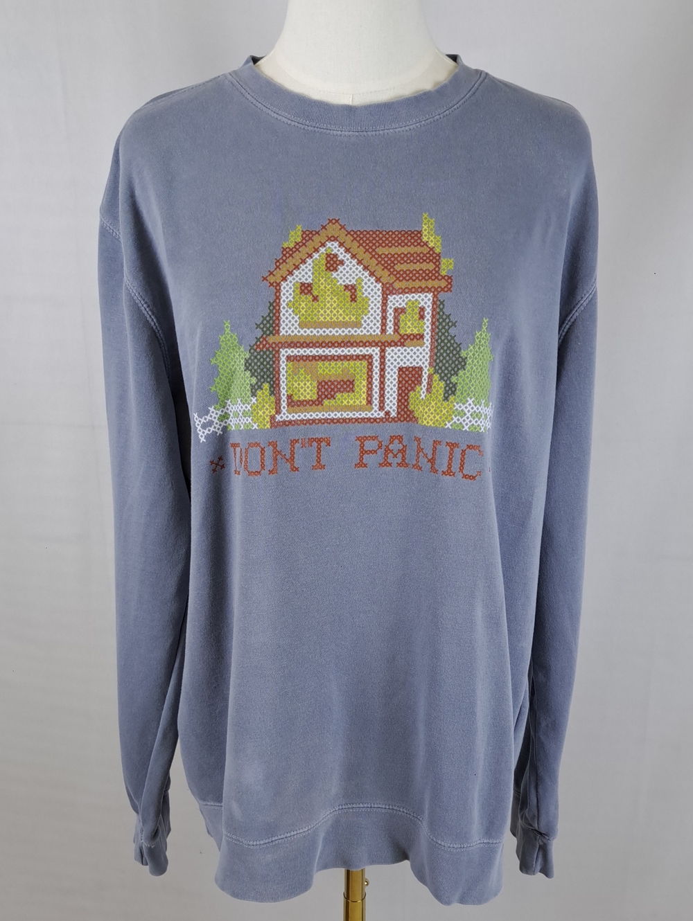 Bo Burnham Blue Don't Panic Burning House Pixel Cross Stitch Sweatshirt Medium